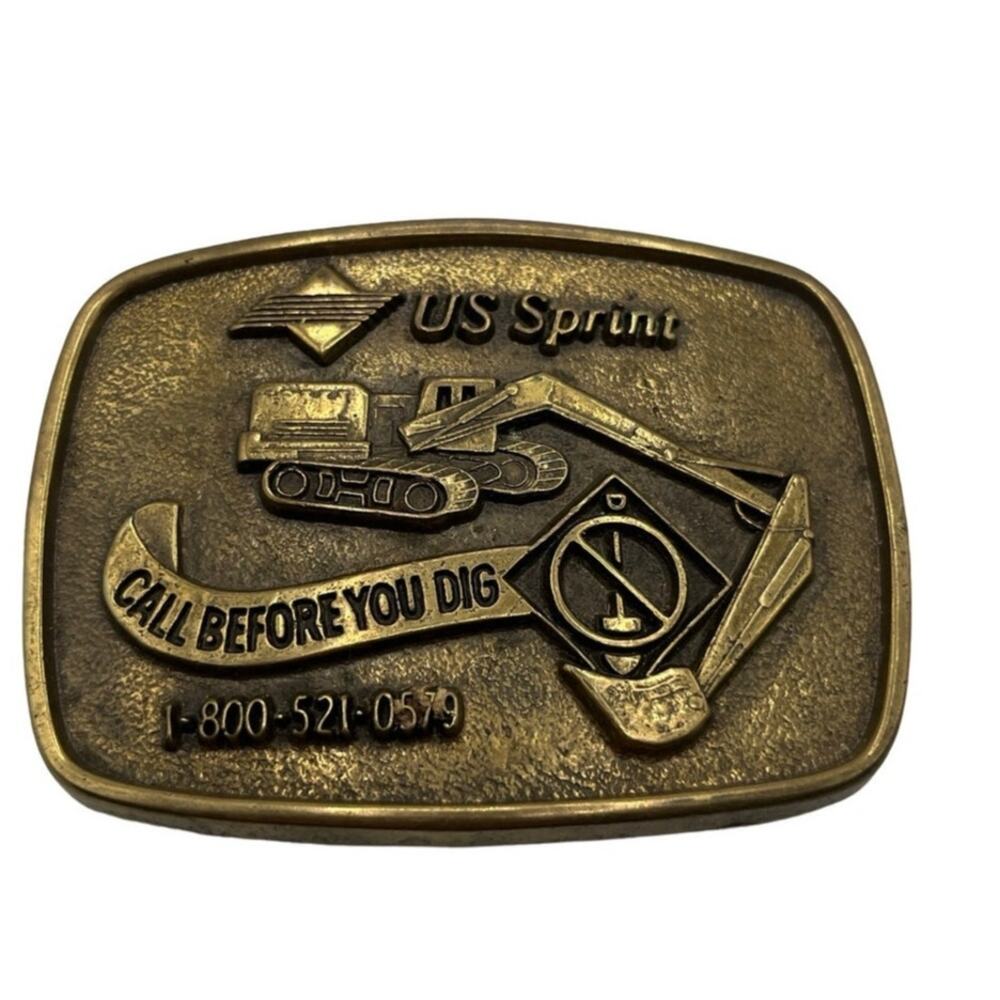 Vintage 1980s US SPRINT CALL BEFORE YOU DIG SOLID BRASS BELT BUCKLE